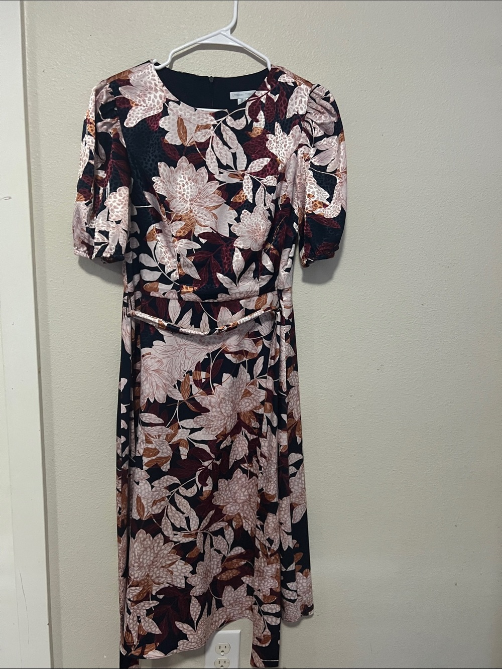 London Times Floral Midi Dress in Black and Burgundy